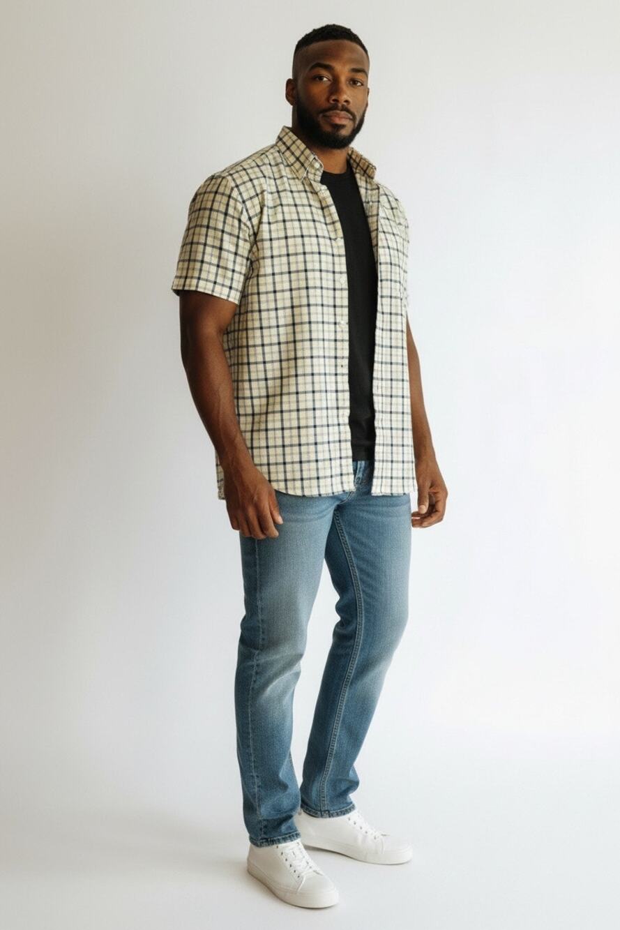 Van Heusen Men's Short Sleeve Button Down Shirt Yellow Windowpane Grid M 15-15.5